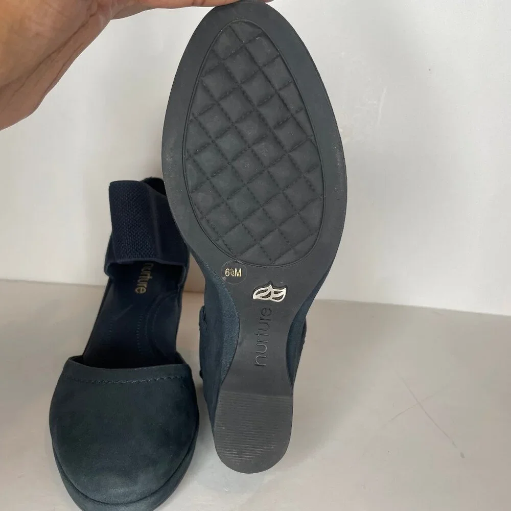 Nurture Larow Navy Blue Leather Wedge Shoes Ankle Band Size 6.5M